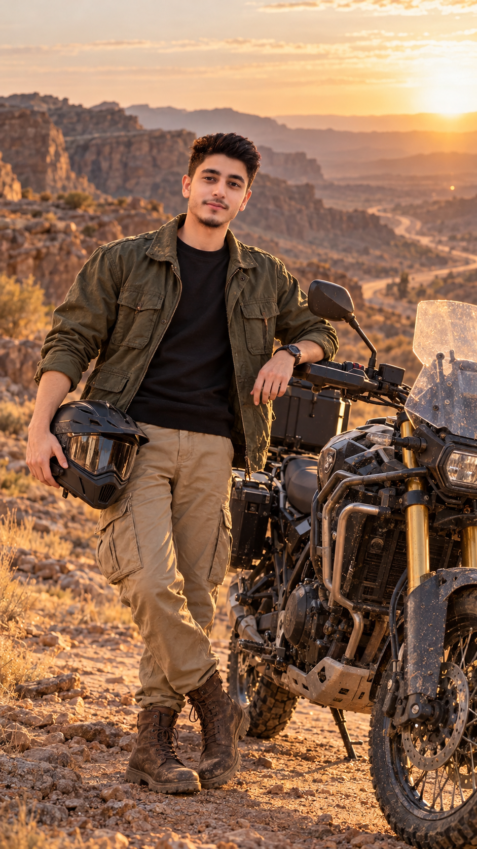 Adventure Bike AI Photo Prompt: Desert Canyon Sunset Rugged Traveler Look for Boys